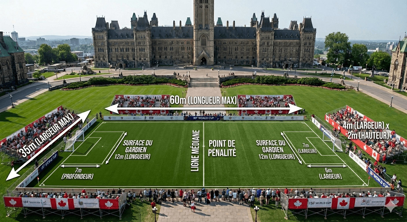 Diagramme des dimensions du terrain Socca montrant un terrain de 60m x 35m avec des buts de 4m x 2m